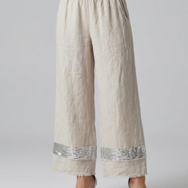 Sequin-Trimmed Cream Linen Cropped Palazzo Pants