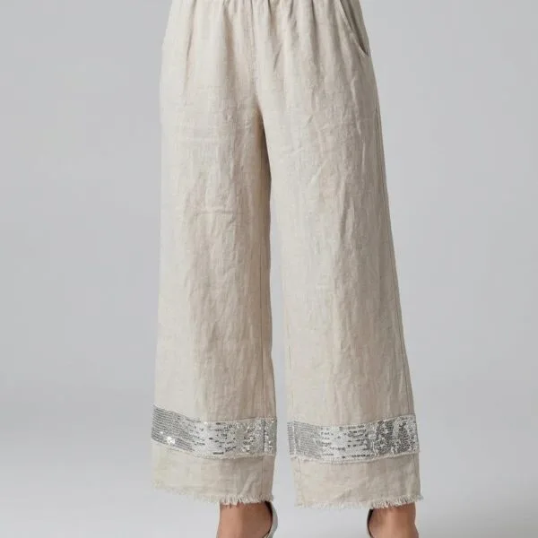 Sequin-Trimmed Cream Linen Cropped Palazzo Pants