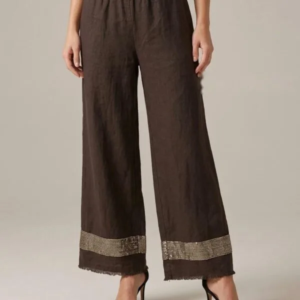 Chocolate Linen Palazzo with Gold Trim