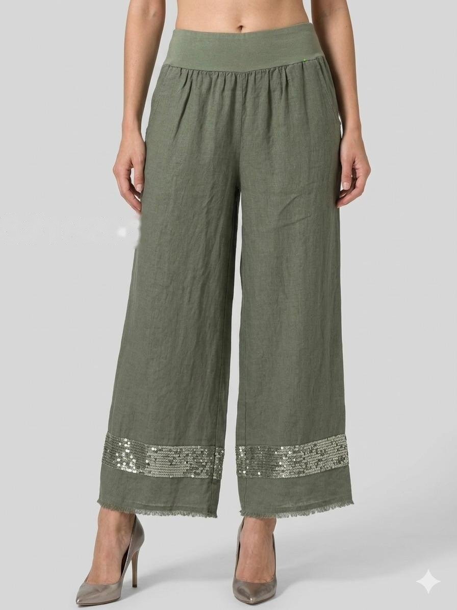 Sage Sequin Hem Linen Palazzo Pants