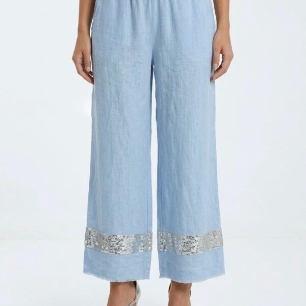 Celestial Blue Sequin-Trimmed Linen Palazzo Pants