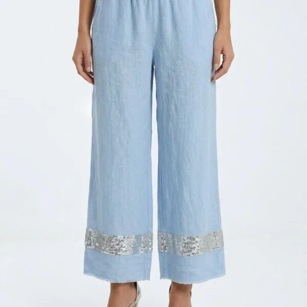 Celestial Blue Sequin-Trimmed Linen Palazzo Pants