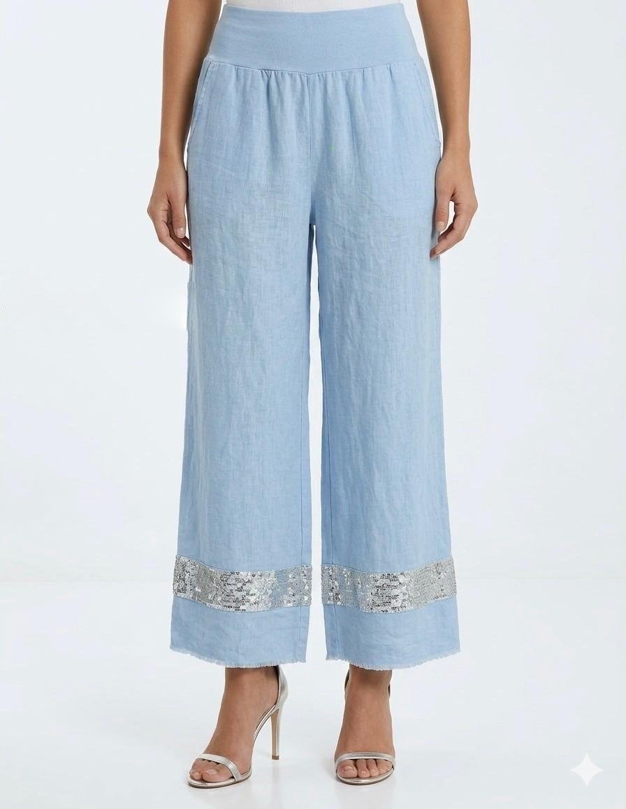 Celestial Blue Sequin-Trimmed Linen Palazzo Pants