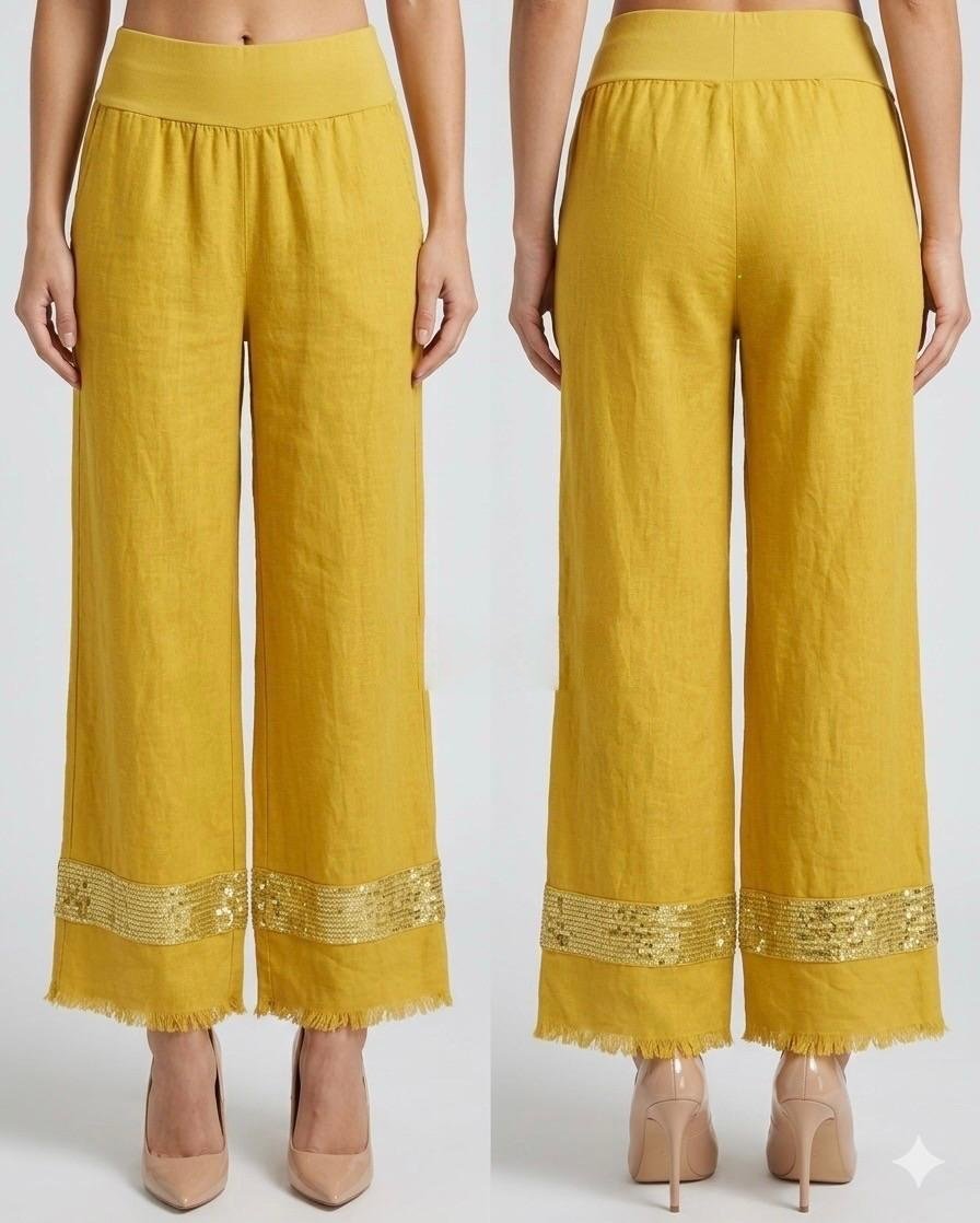 Golden Sequin Hem Linen Palazzo Pants