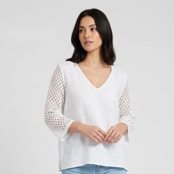 Ivory Lace Bell Sleeve Linen Top