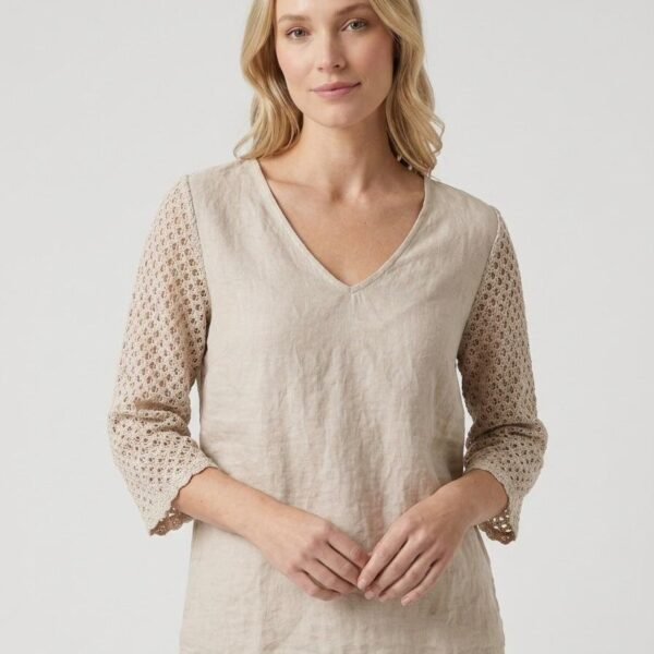 Oatmeal Lace Sleeve Linen Tunic