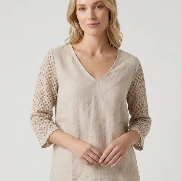 Oatmeal Lace Sleeve Linen Tunic