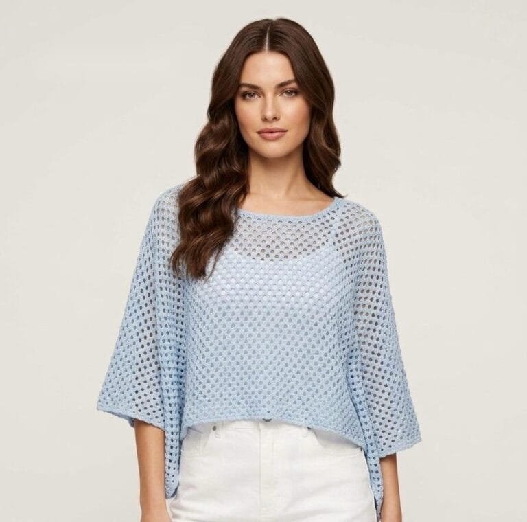 Perforated Sky Blue Linen Poncho