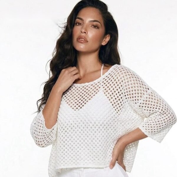 Ivory Lattice Linen Puff Sleeve Top