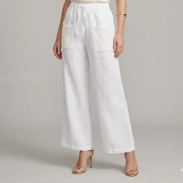 Ivory Quilted Pocket Linen Trousers