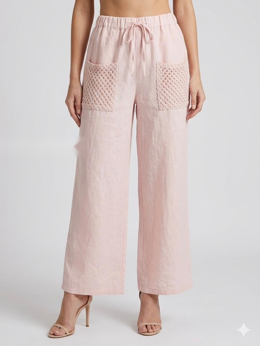 Blush Linen Palazzo Pants with Crochet Pockets