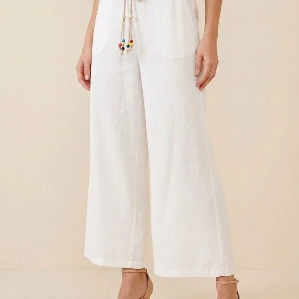 Ivory Linen Wide-Leg Drawstring Trousers