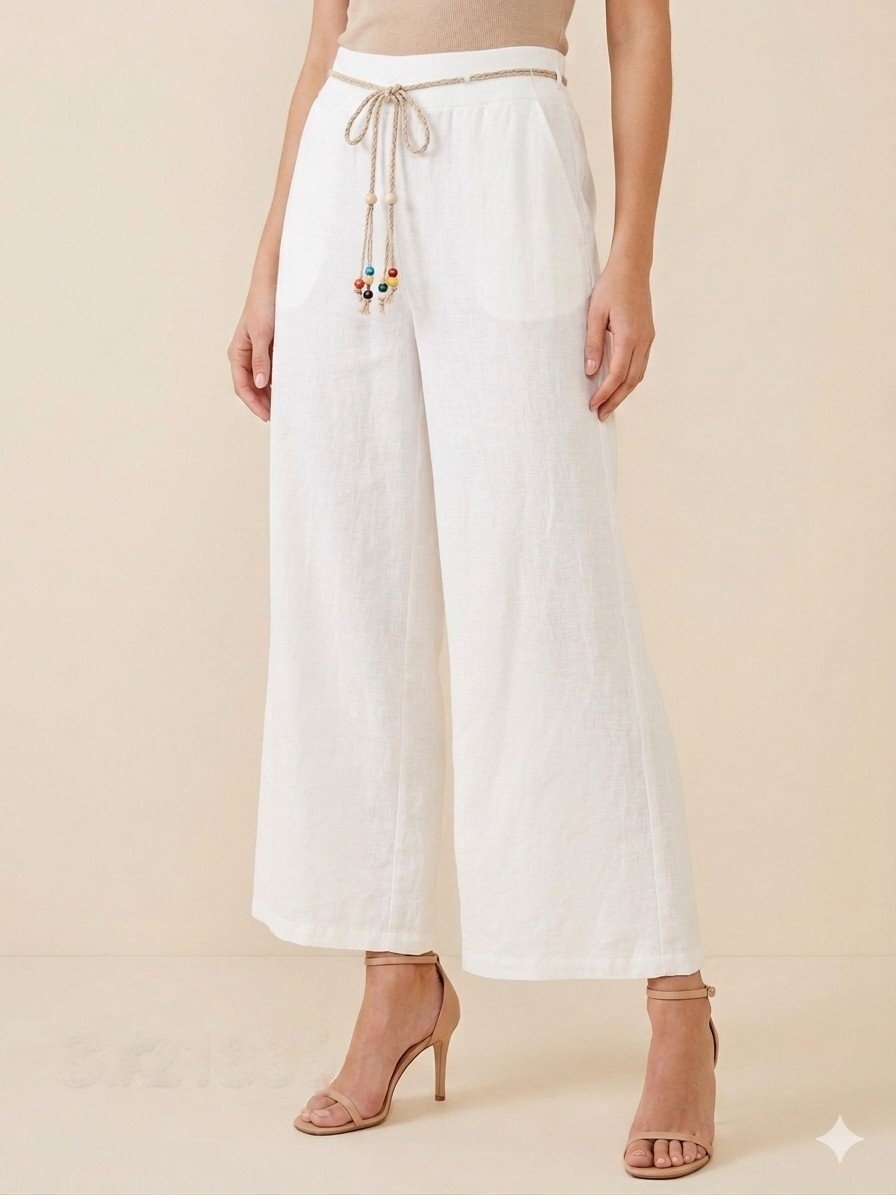 Ivory Linen Wide-Leg Drawstring Trousers