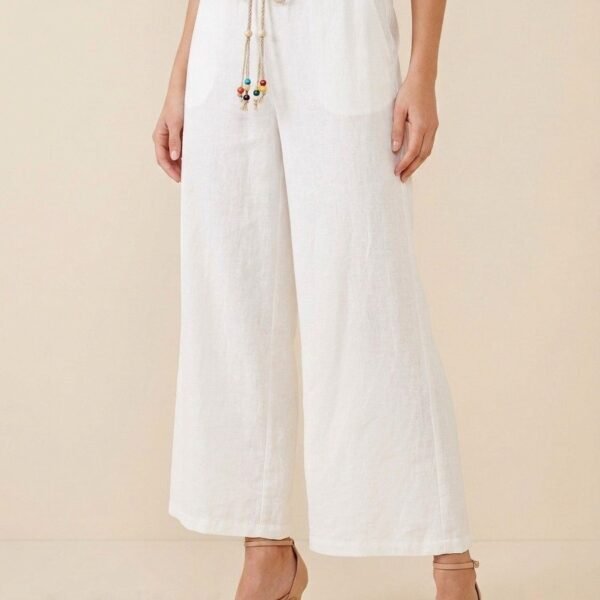 Ivory Linen Drawstring Crop Pants