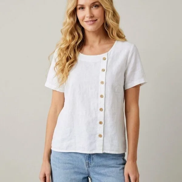 Linen Button-Front Short Sleeve Tee