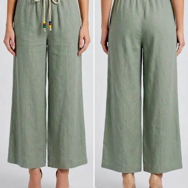 Sage Beaded Drawstring Linen Culottes