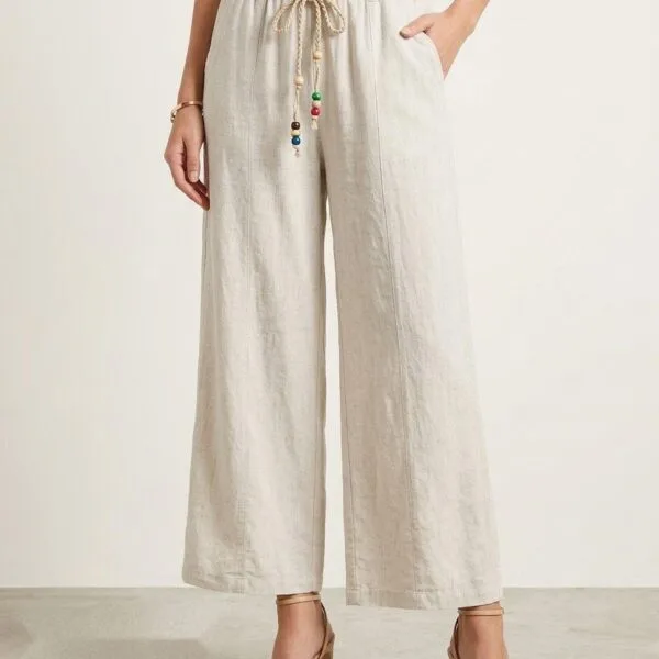 Beaded Drawstring Linen Crop Pants