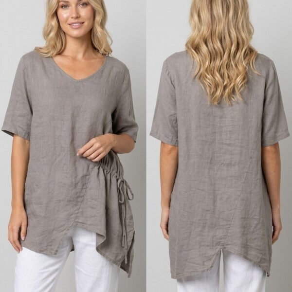 Taupe Linen Side-Tie Tunic Blouse