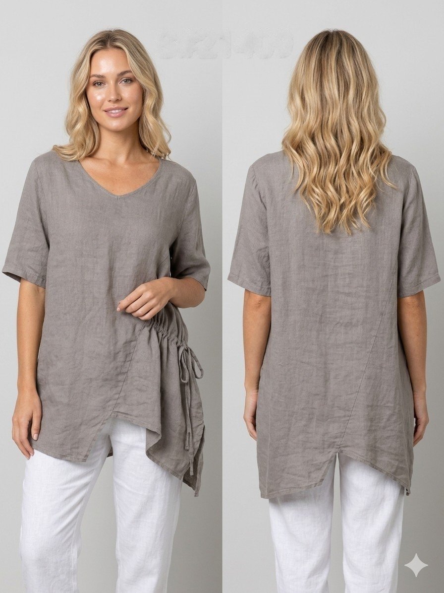 Taupe Linen Side-Tie Tunic Blouse