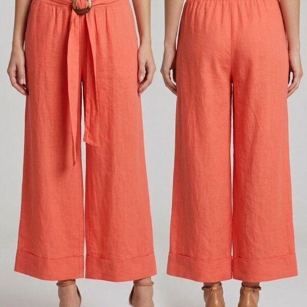 Coral Linen Wide-Leg Culotte Pants