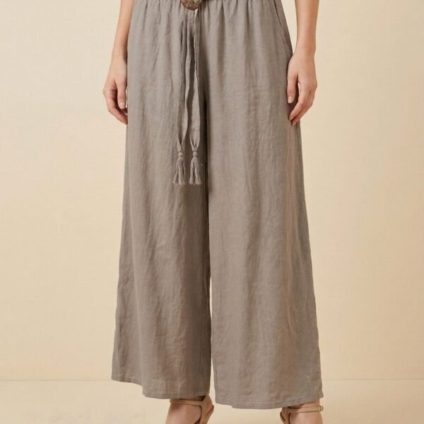 Taupe Linen Palazzo Pants with Wooden Buckle