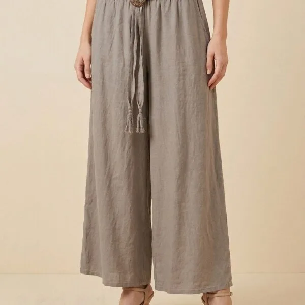 Taupe Linen Palazzo Pants with Wooden Buckle