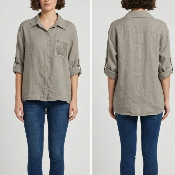 Sage Linen Shirt with Mesh Pocket Detail