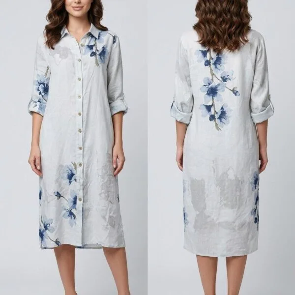 Indigo Bloom Linen Shirt Dress