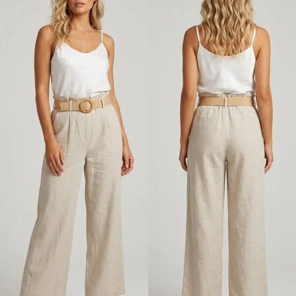 Cream Linen High-Waist Wide-Leg Trousers