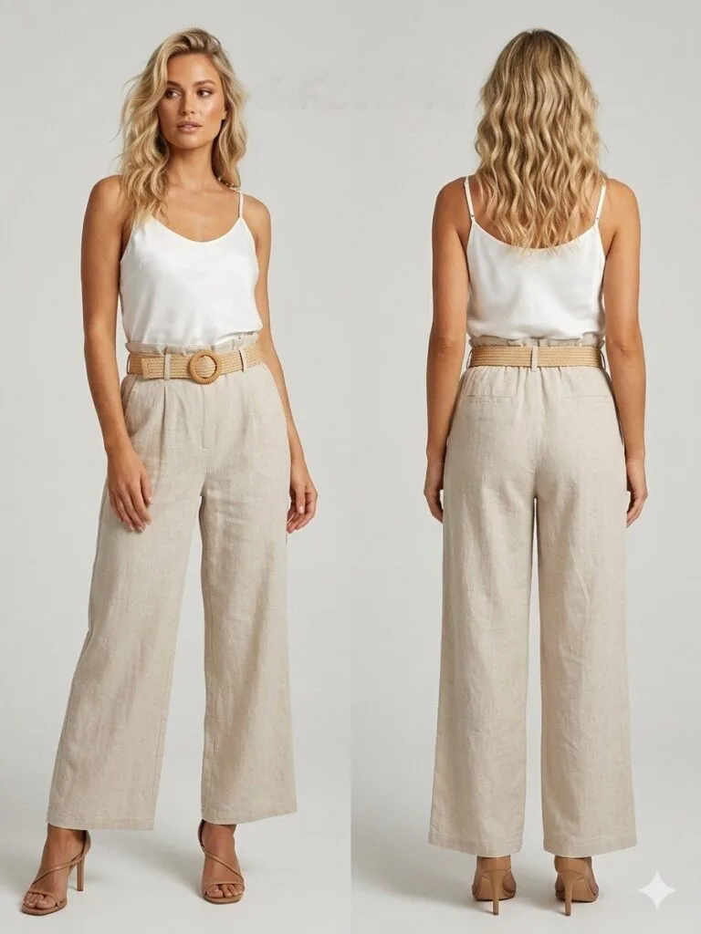 Cream Linen High-Waist Wide-Leg Trousers