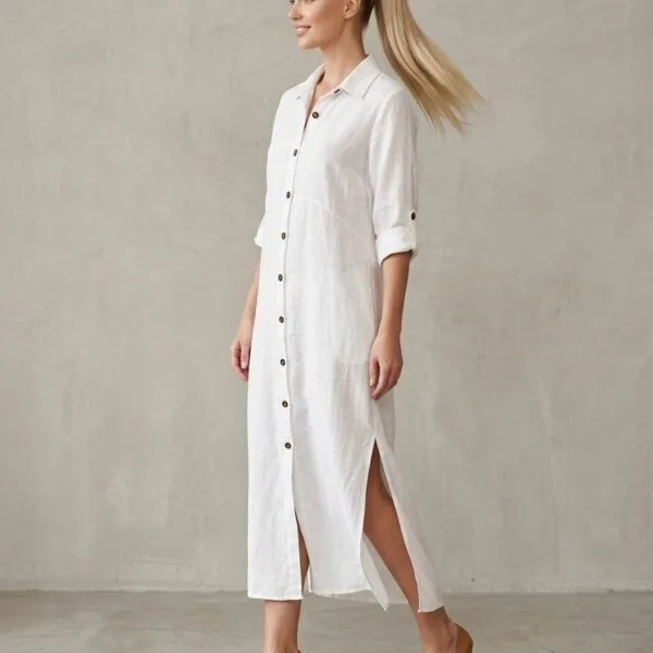 Ivory Linen Button-Down Shirt Dress