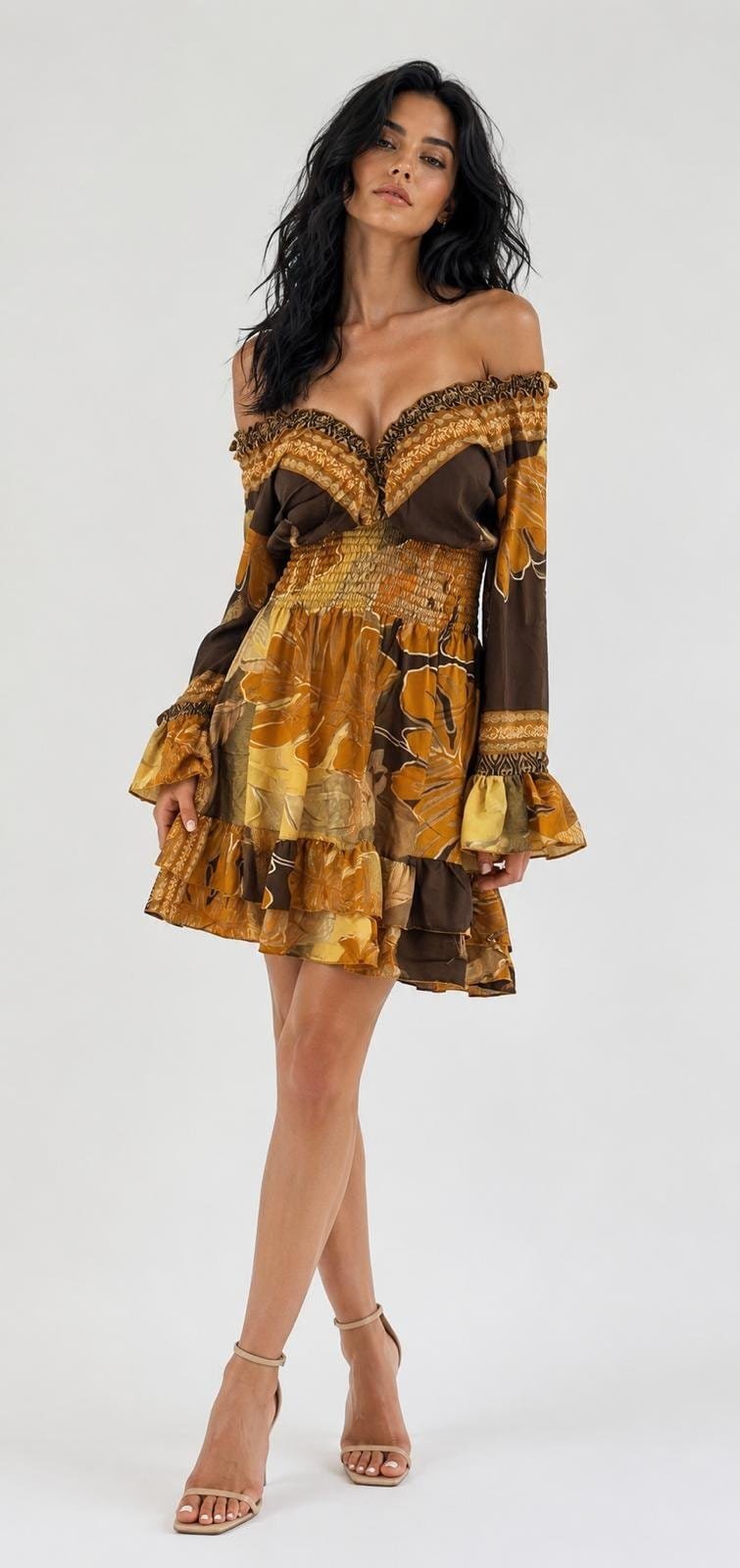 Golden Palm Off-Shoulder Bell-Sleeve Mini Dress