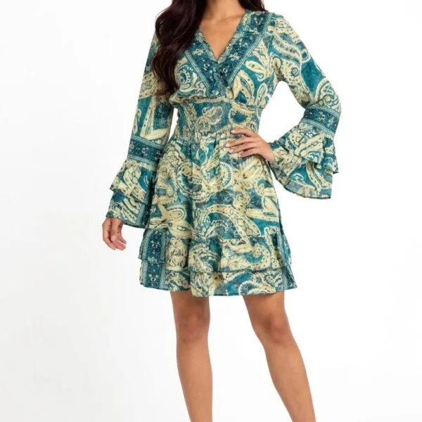 Teal Paisley Off-Shoulder Bell-Sleeve Mini Dress