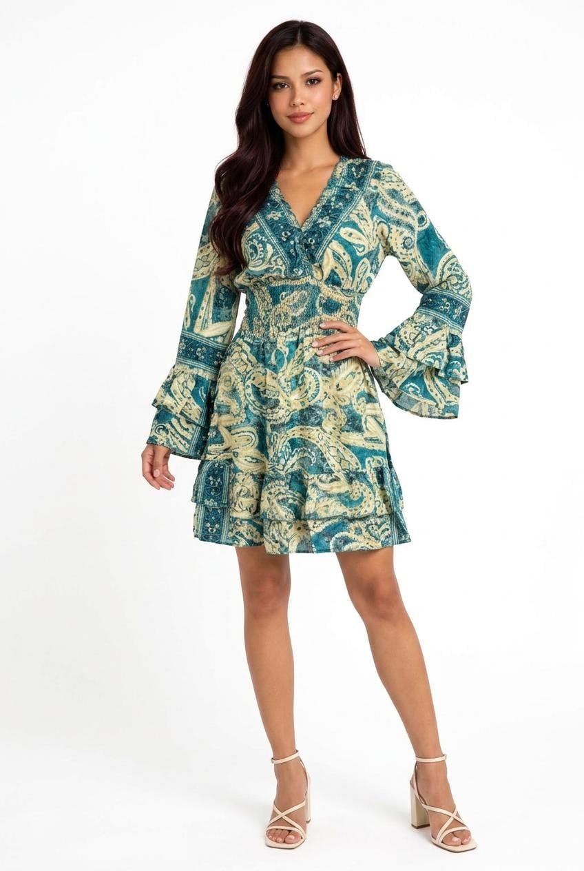Teal Paisley Off-Shoulder Bell-Sleeve Mini Dress