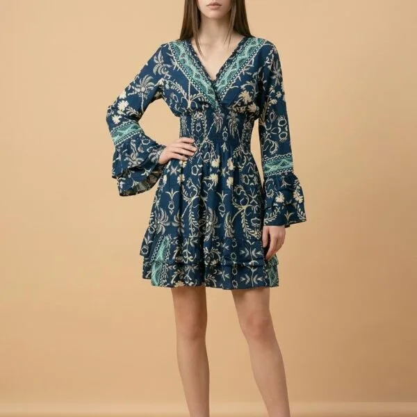 Indigo Paisley Off-Shoulder Bell-Sleeve Mini Dress