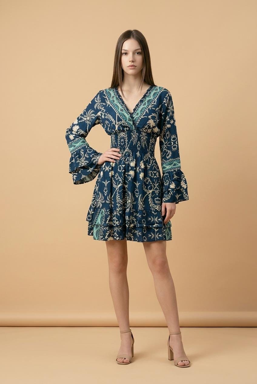 Indigo Paisley Off-Shoulder Bell-Sleeve Mini Dress