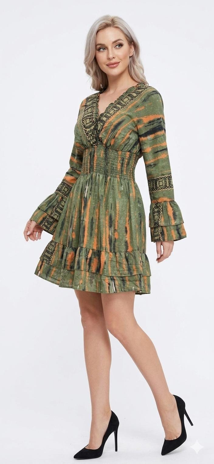 Moss Stripe Off-Shoulder Bell-Sleeve Mini Dress