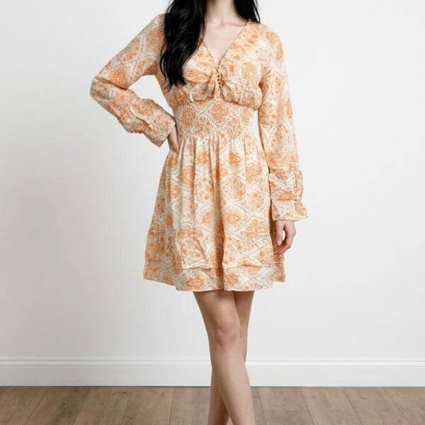 Apricot Bloom Off-Shoulder Bell-Sleeve Mini Dress