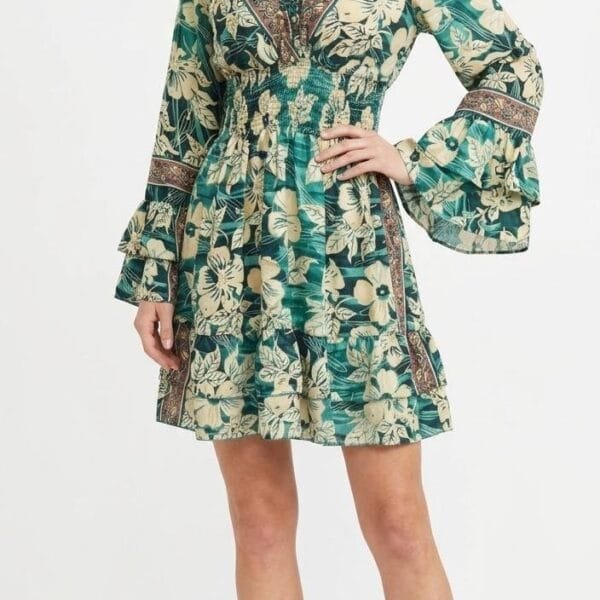 Emerald Bloom Off-Shoulder Bell-Sleeve Mini Dress