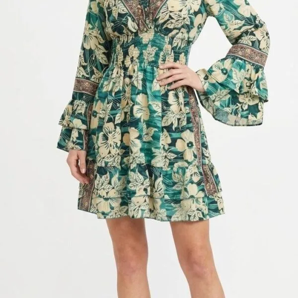 Emerald Bloom Off-Shoulder Bell-Sleeve Mini Dress