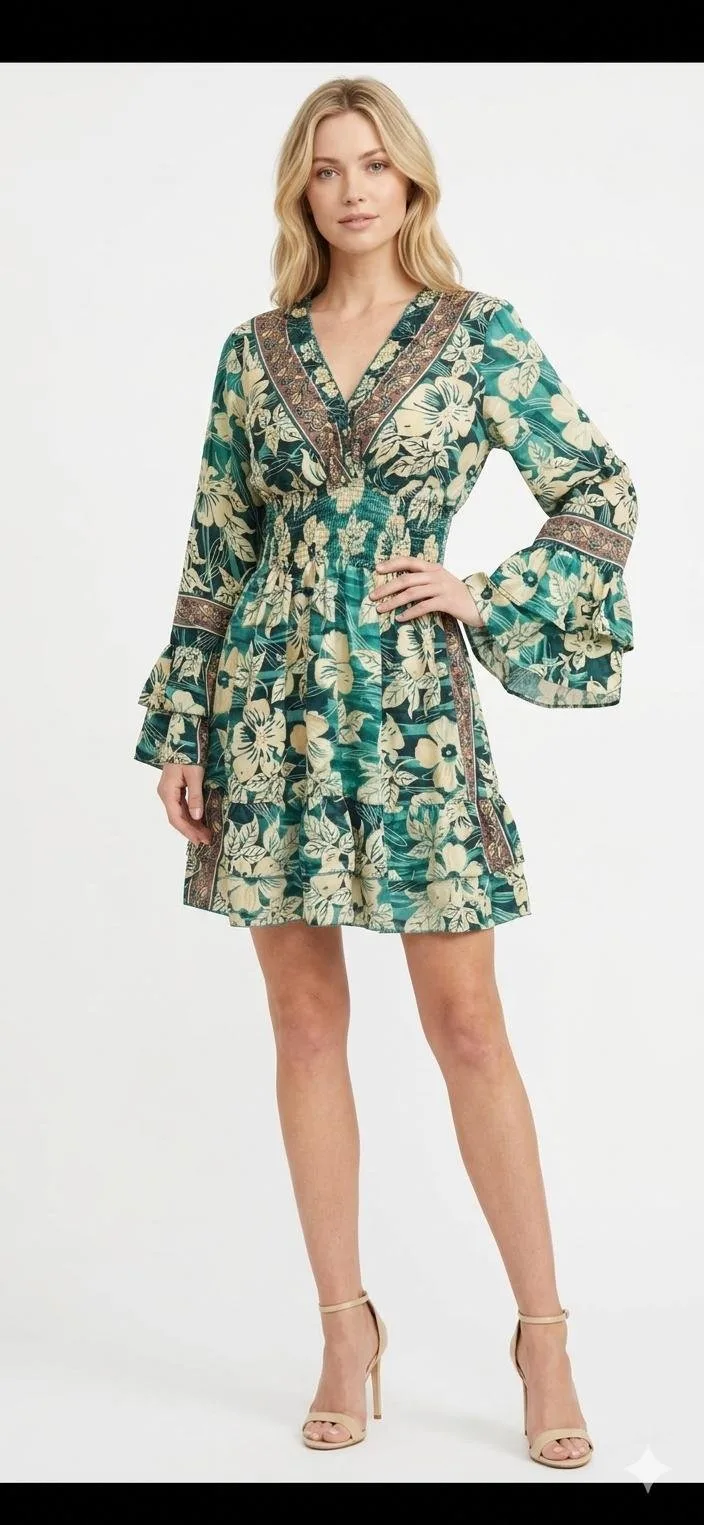 Emerald Bloom Off-Shoulder Bell-Sleeve Mini Dress