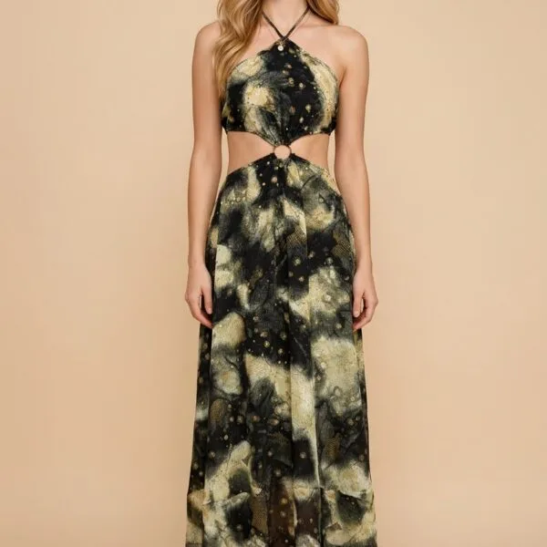 Midnight Gold Cutout Halter Maxi Dress