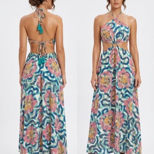 Pastel Swirl Cutout Halter Maxi Dress
