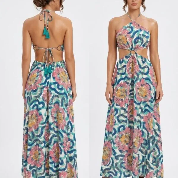 Pastel Swirl Cutout Halter Maxi Dress