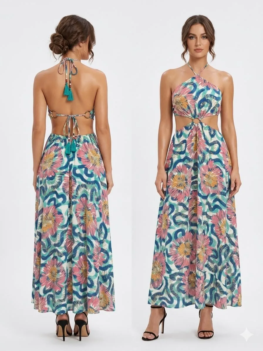 Pastel Swirl Cutout Halter Maxi Dress