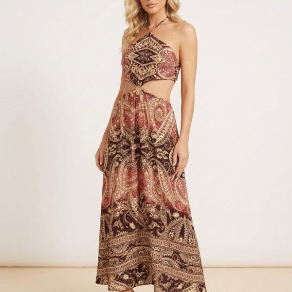 Rust Paisley Cutout Halter Maxi Dress