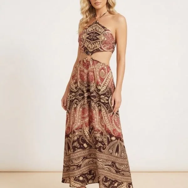 Rust Paisley Cutout Halter Maxi Dress