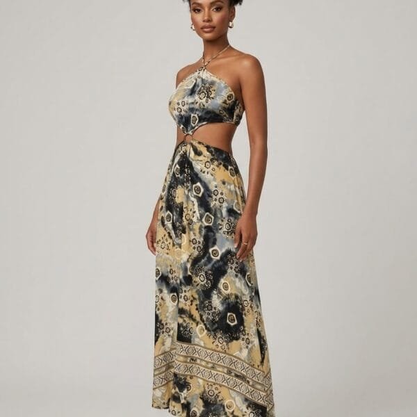 Onyx Baroque Cutout Halter Maxi Dress