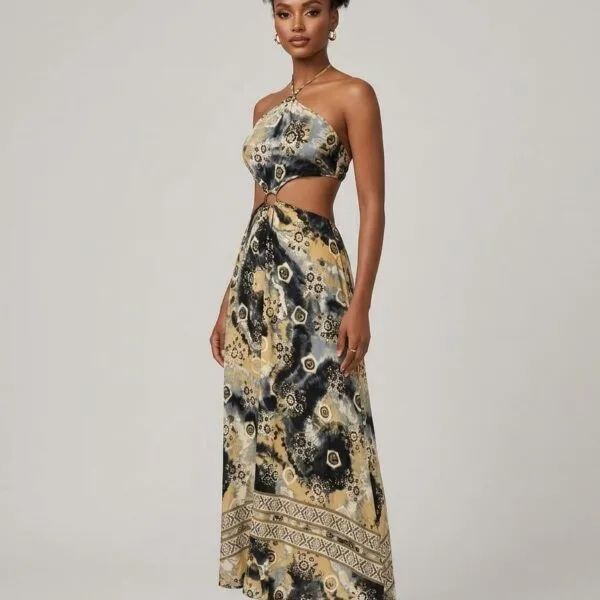 Onyx Baroque Cutout Halter Maxi Dress