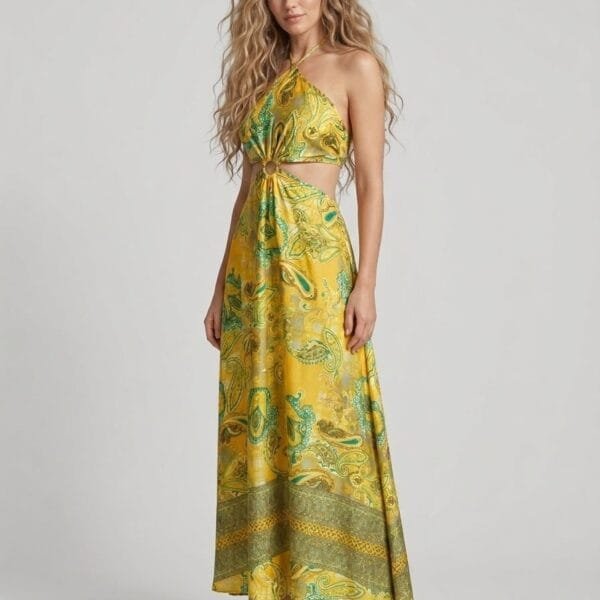 Citrine Yellow Cutout Halter Maxi Dress